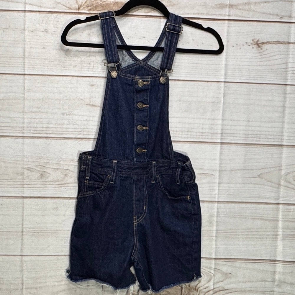 Levis XS Denim Shortalls Dark Wash Orange Tab Button Front Bib Overalls Size 25